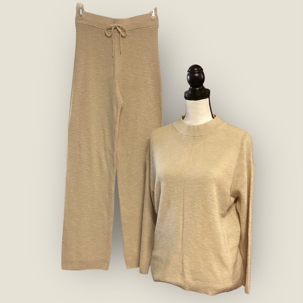 Free People Beach Malibu Set Oatmeal Knit Sweater & Wide Leg Pants in XS - Picture 2 of 11